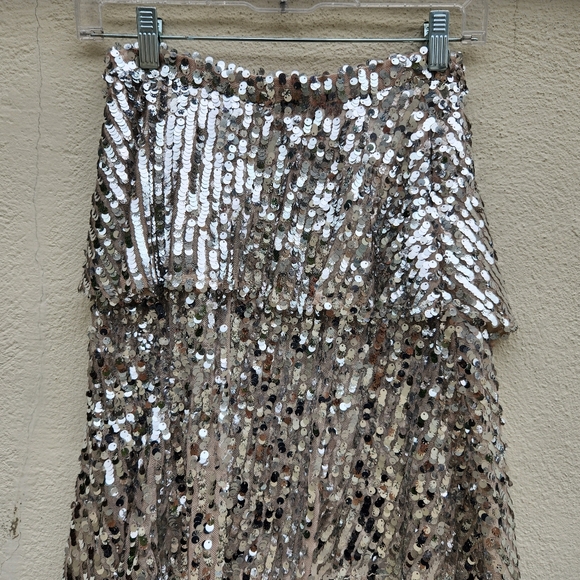 ZARA High Waisted Silver Sequin Ruffle Skirt - Picture 4 of 11